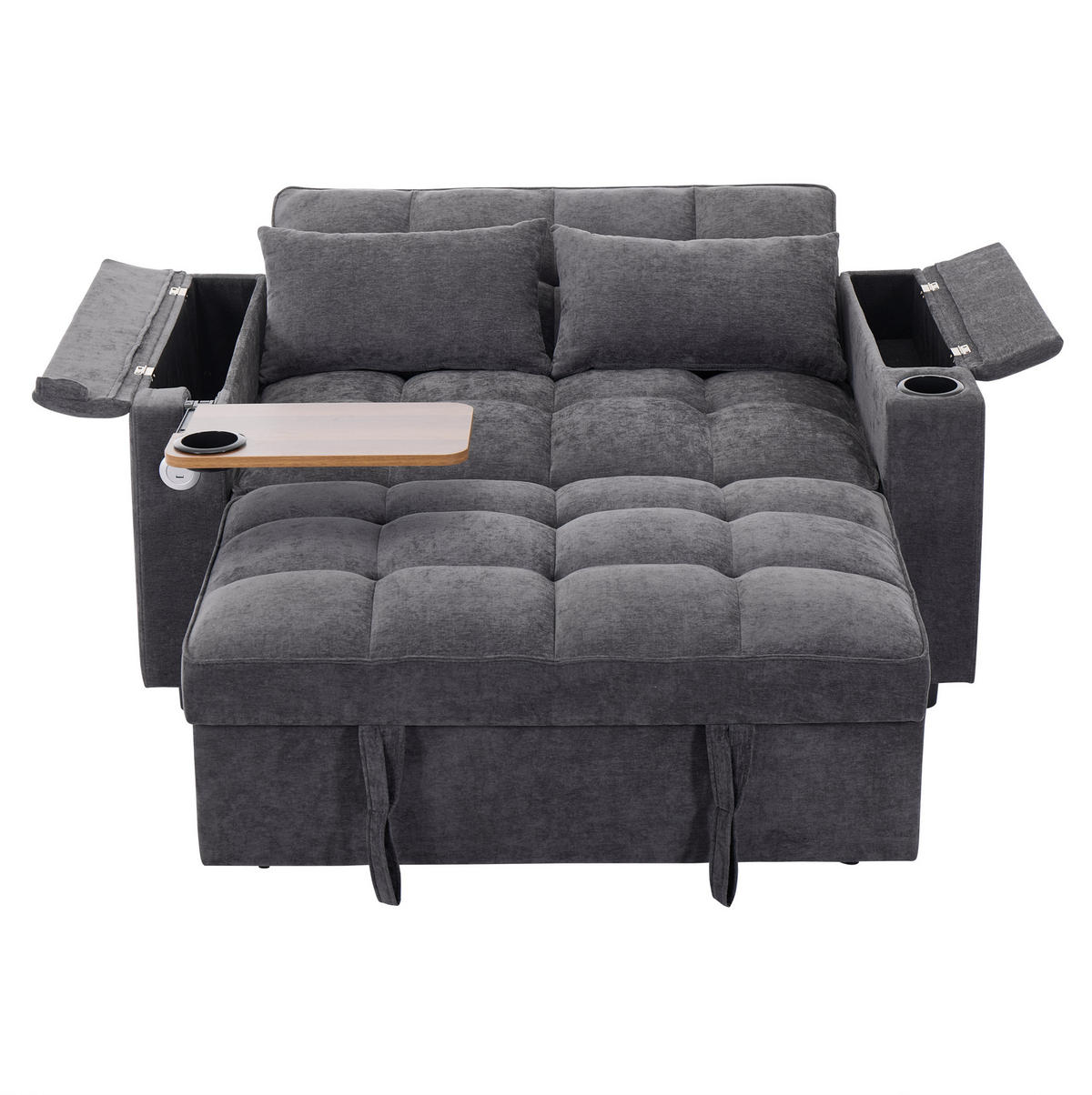 SCHLAFSOFA 140,5/74/82 cm in Grau – ausziehbar mit USB und verstecktem Tisch - Grau, Textil (140.5/82/74cm) - BEAOK