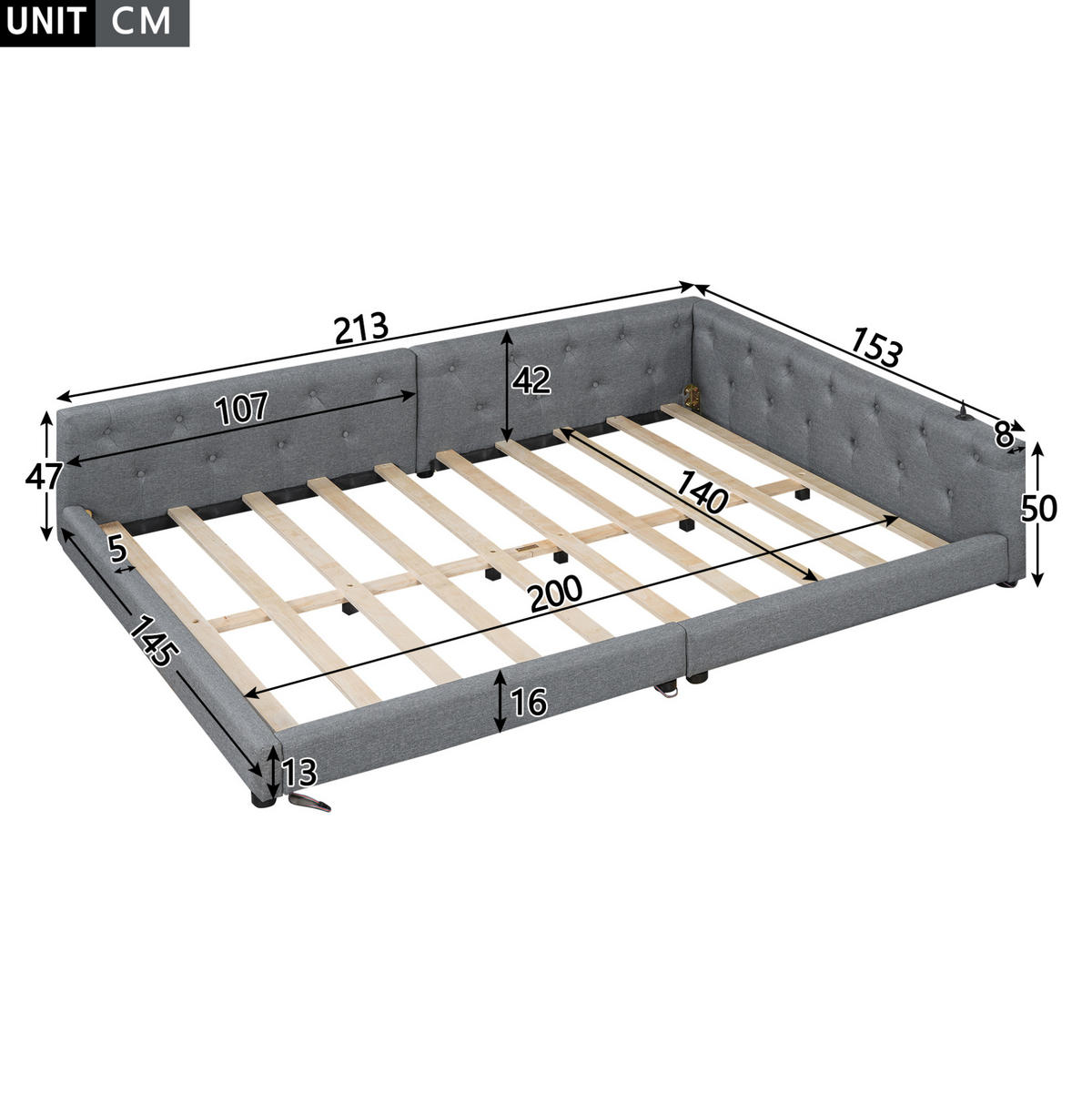 POLSTERBETT 140/200 cm grau mit Lattenrost und USB-Anschlüssen - Grau, Textil (140/200cm) - OKWISH