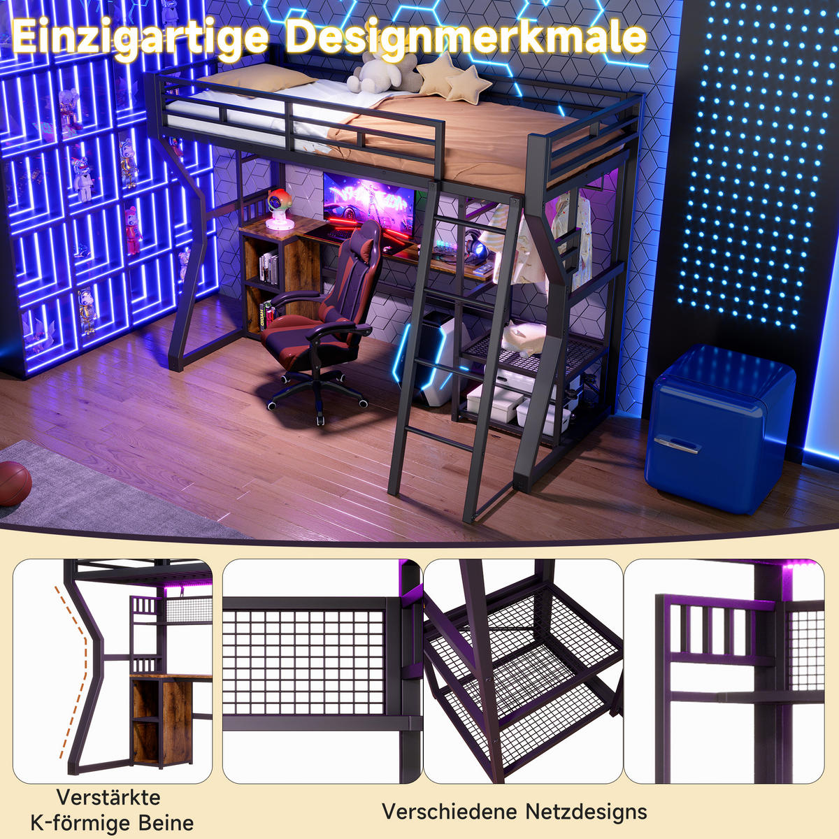 HOCHBETT 90/200 cm in Schwarz mit Lichtleiste, Steckdose, Schreibtisch und Staufächern aus MDF und Metall - Schwarz, Holzwerkstoff/Metall (90/200cm) - CHICFURN