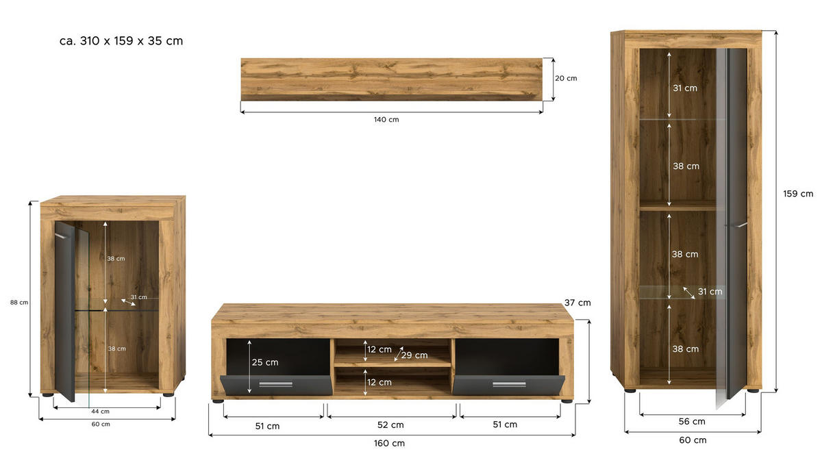 WOHNWAND Milo 4 tlg. (B/H/T: ca. 310/169/40 cm) in Wotan Eiche /grau - Eiche Wotan, Holzwerkstoff (310/169/40cm)