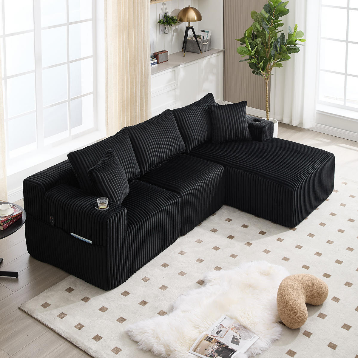 MODULARES Sofa-Set Cord mit Chaiselongue und 2-Sitzer Taschen und Getränkehalter 257/90-160/62 cm Schwarz - Schwarz, Textil (160/257cm) - Redom