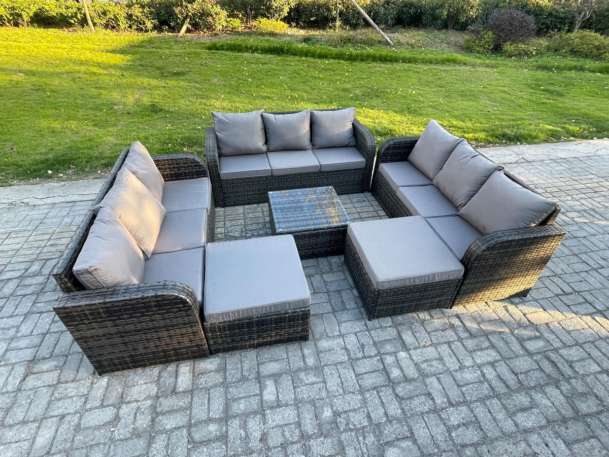GARTENMÖBEL SET mit 3-SITZER SOFA Polyrattan Dunkelgrau 11-Sitzer - Dunkelgrau/Grau, Glas/Kunststoff - Fimous