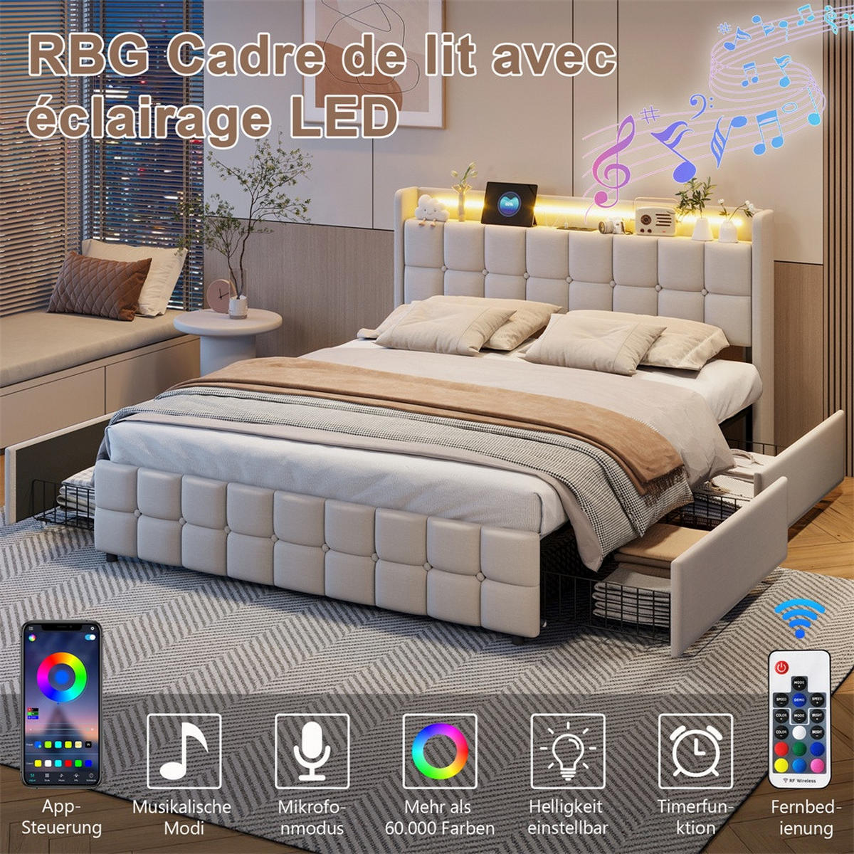 POLSTERBETT 180x200 cm Square Smart mit RGB-LED, EU-Steckdosen & USB-Ports, 4 Schubladen, Leinen-Optik, Beige - Beige, Textil (180/200cm) - DELFA