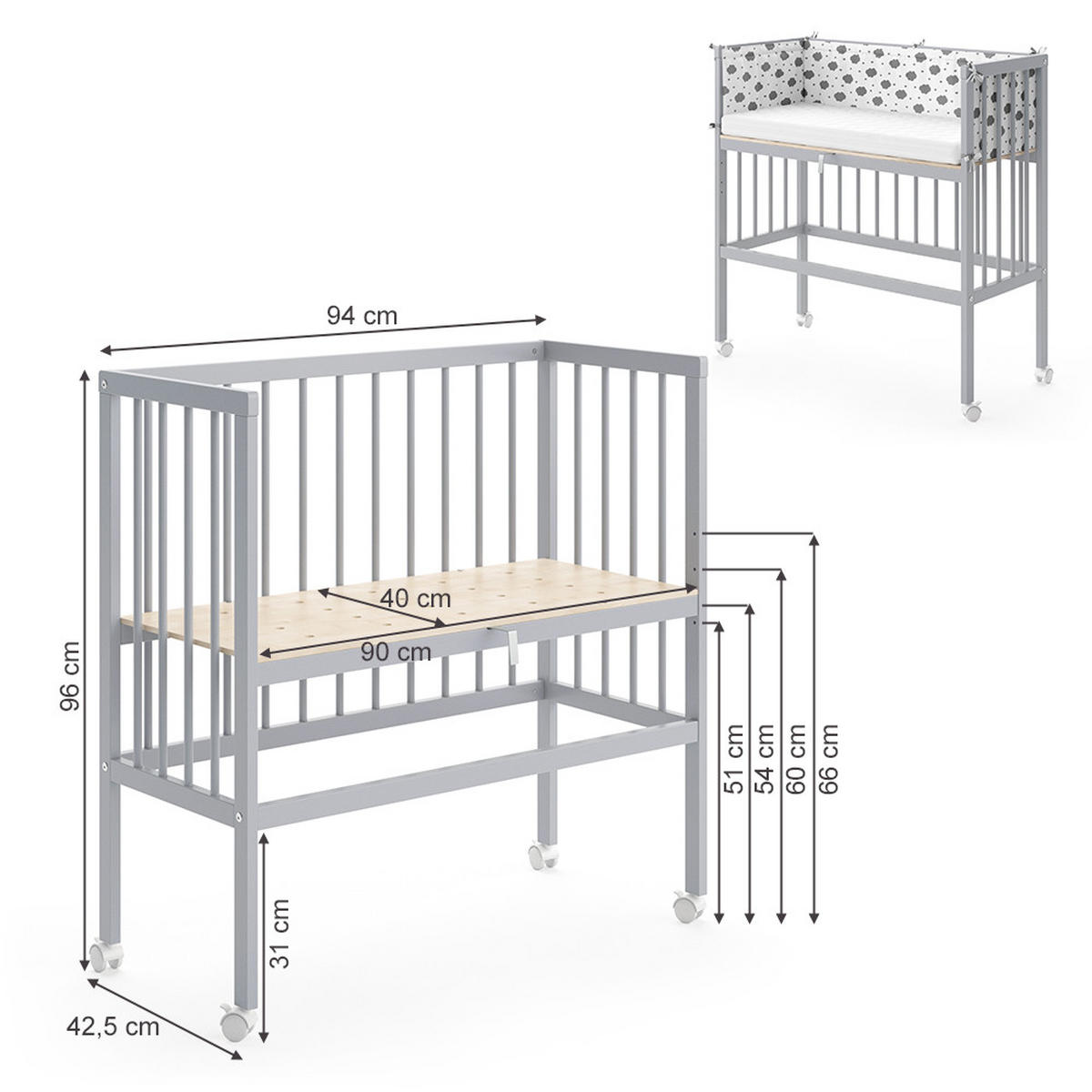 BEISTELLBETT Sophie Grau 94 x 90 cm 1 Seitenschiene - Grau, Holz (94/96/90cm) - VitaliSpa