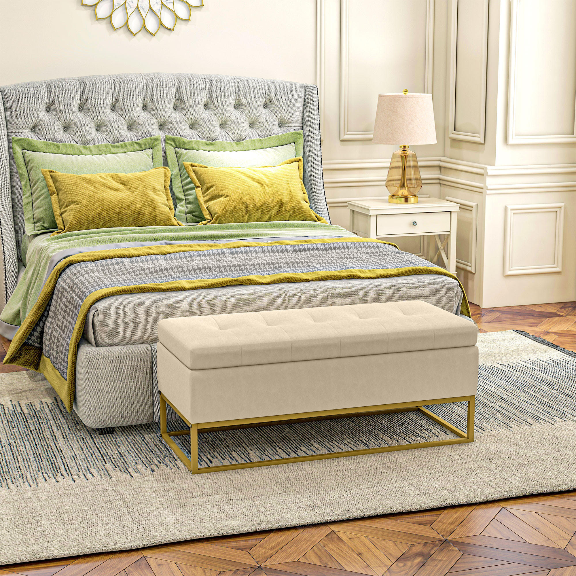 SITZBANK mit Stauraum, Polsterbank, Bettbank mit Samtoptik, Stahl, Beige - Beige, Textil (44/49/110cm) - HOMCOM