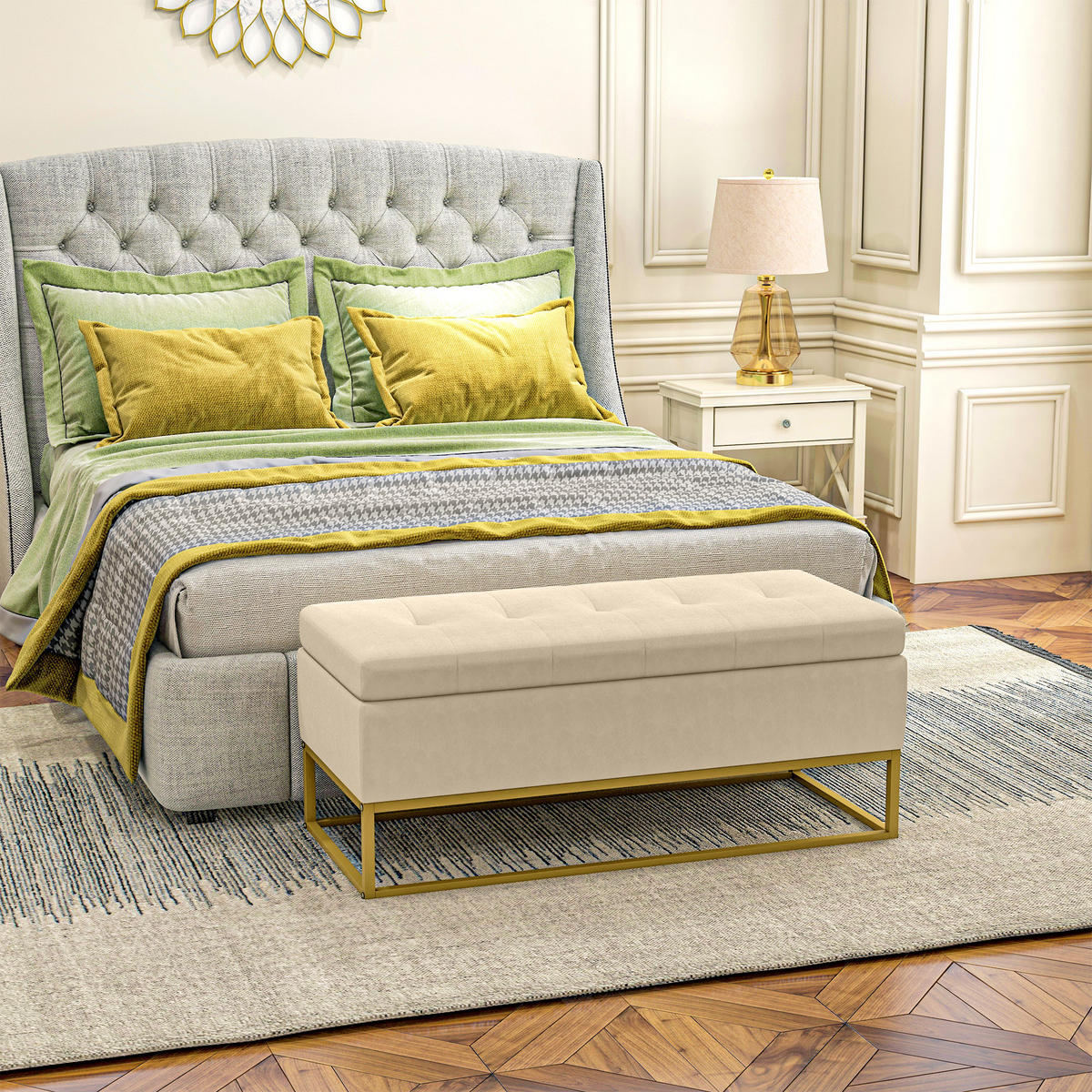 SITZBANK mit Stauraum, Polsterbank, Bettbank mit Samtoptik, Stahl, Beige - Beige, Textil (44/49/110cm) - HOMCOM
