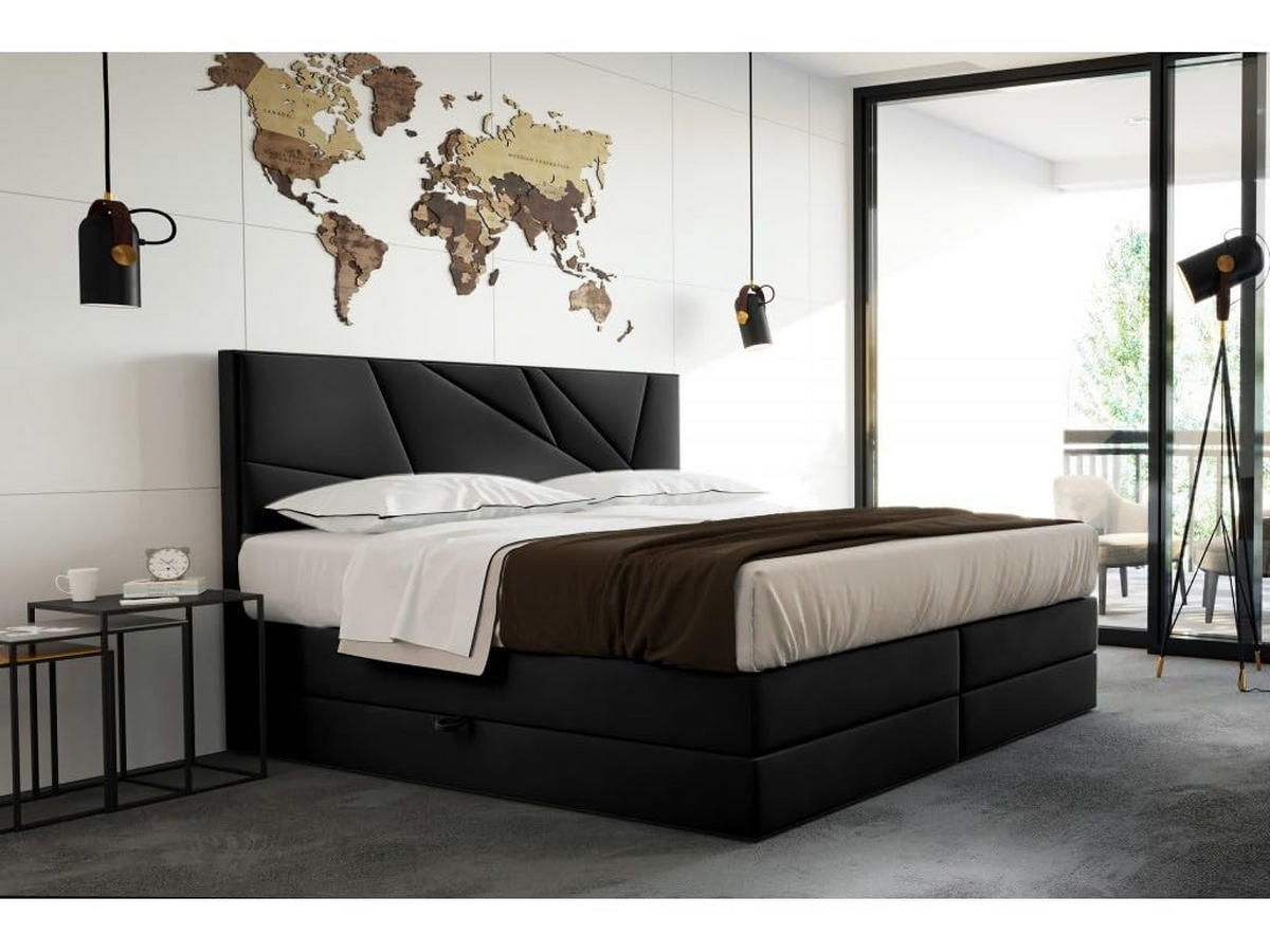 BOXSPRINGBETT VERDE LUX 200x200 cm, Bonell und Taschenmatratze, Topper 5 cm und Stauraum, Samtstoff, Schwarz - Schwarz, Holz/Kunststoff (200/200cm) - Trada