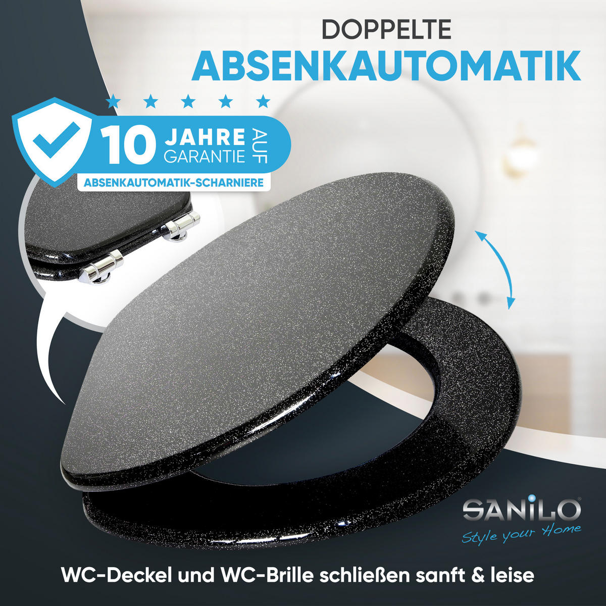 WC-SITZ Absenkautomatik Glitzer Schwarz - Schwarz, Holzwerkstoff (38/6/47cm) - Sanilo