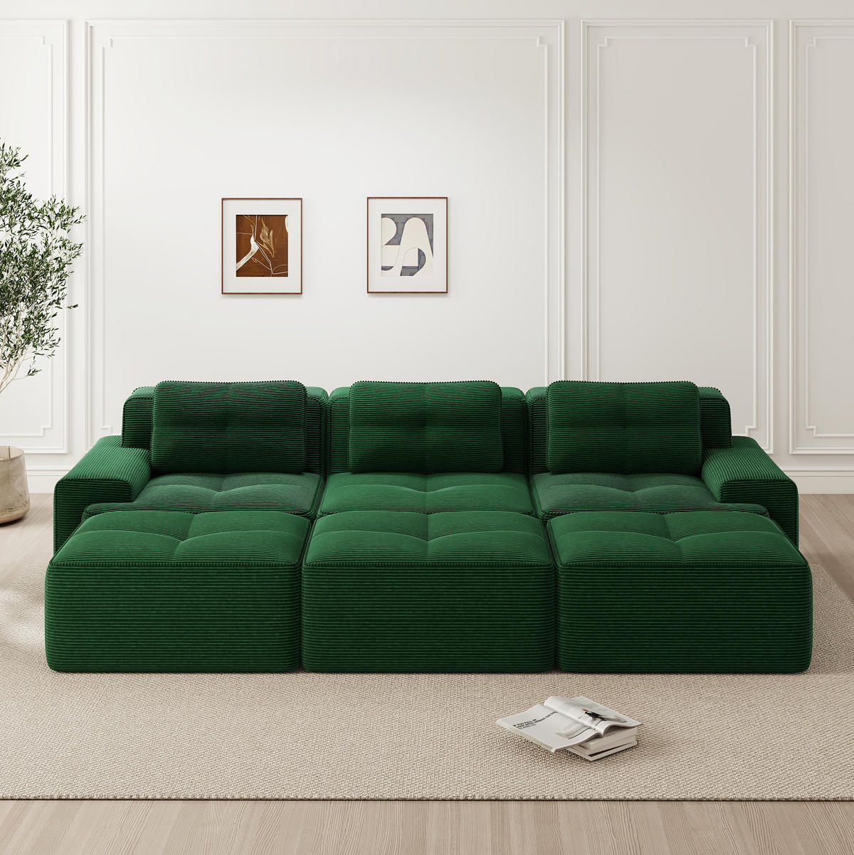 SOFA modular mit Schlaffunktion 74 cm Tiefsitz Cord Green - Grün, Kunststoff (177/69/293cm) - Meubliv