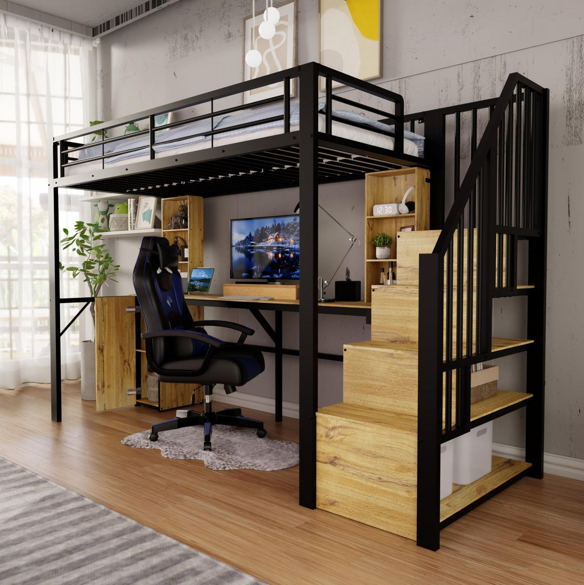 HOCHBETT Metall-Holz 90x200 cm Schwarz mit Schreibtisch, Stauraumtreppe, Schrank & USB-Anschluss - Schwarz, Metall (90/200cm) - Modfu