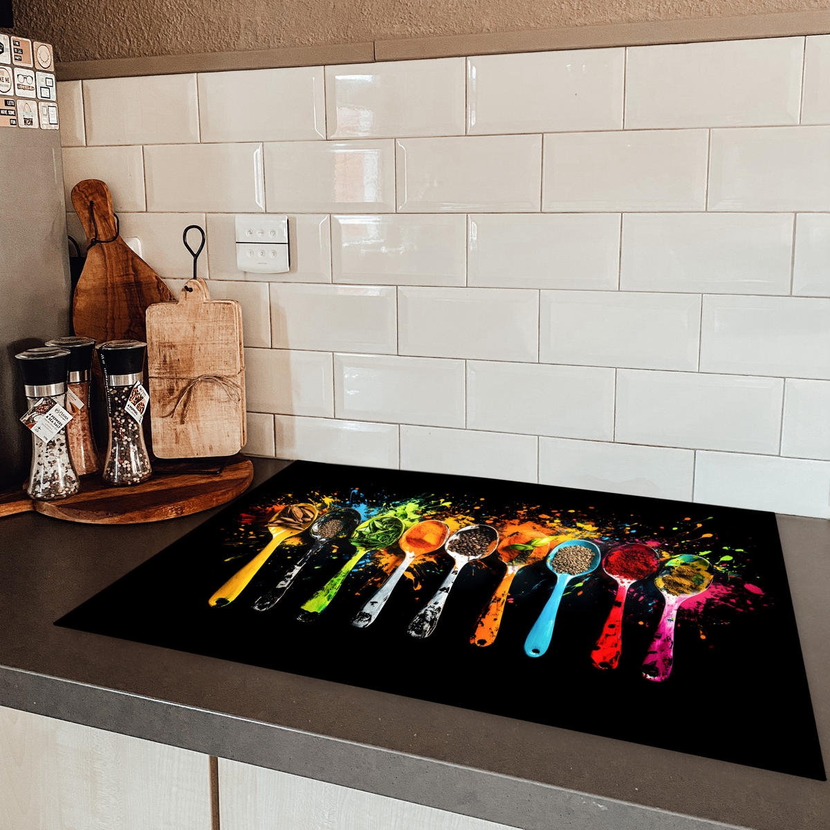 HERDABDECKPLATTE Löffel - Gewürze - Modern - Graffiti - Farbe - Farbenfroh 75x52 cm - Multicolor, Kunststoff (75/52/0.2cm) - MuchoWow
