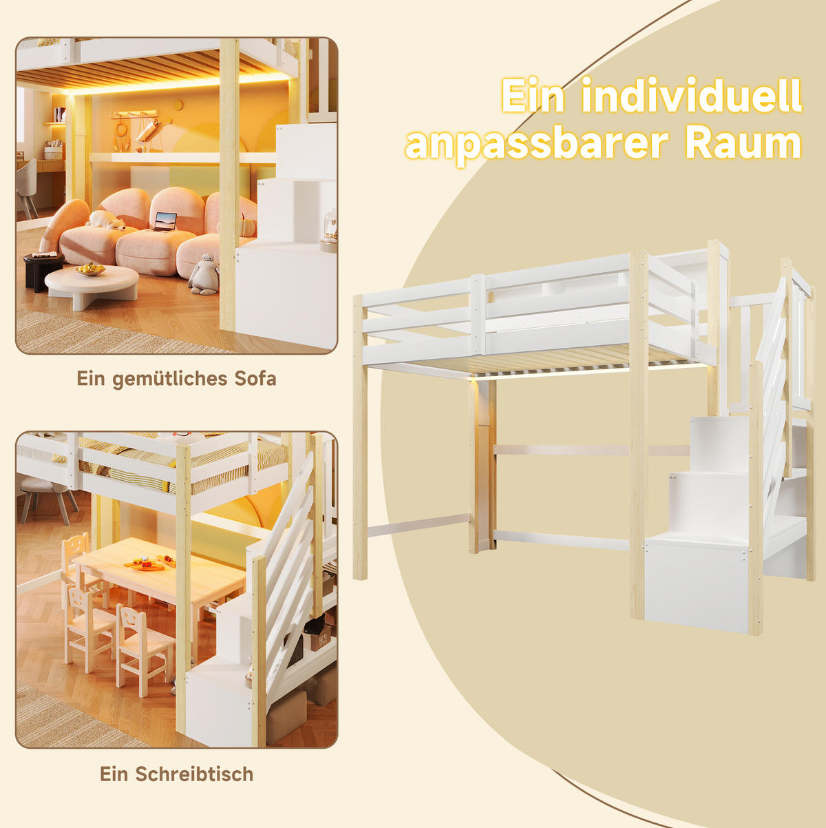 HOCHBETT 90x200 cm in Weiß und Natur mit LED-Beleuchtung, Stauraumtreppe und Ablagefach - Weiß, Holz (90/200cm) - IVMEU
