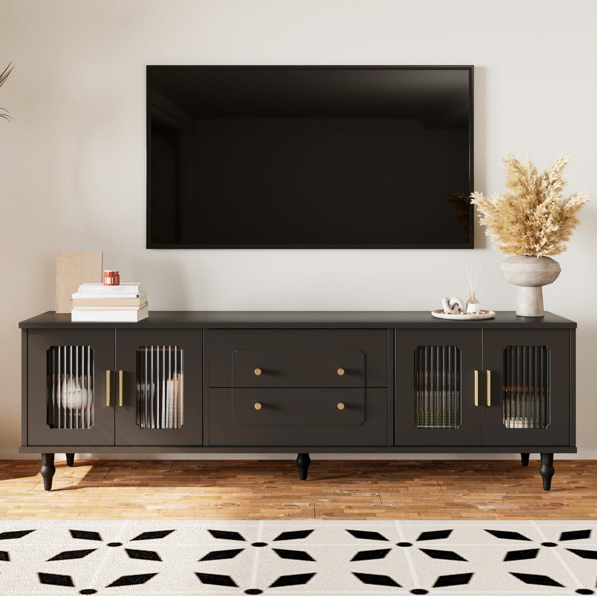 TV-MÖBEL mit Glastüren und Schubladen 177 x 38 x 55,5 cm Schwarz - Schwarz, Holzwerkstoff (38/55.5/175cm) - Beauniv