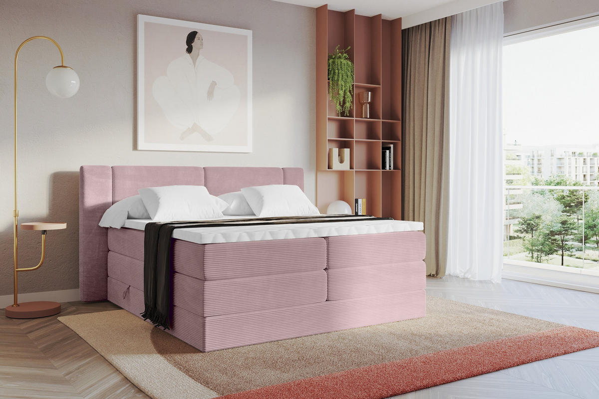 BOXSPRINGBETT mit Matratze H3/H4 - EVON KING - 140x200 cm Rosa - Rosa, Holzwerkstoff (140/200cm) - ALTDECOR