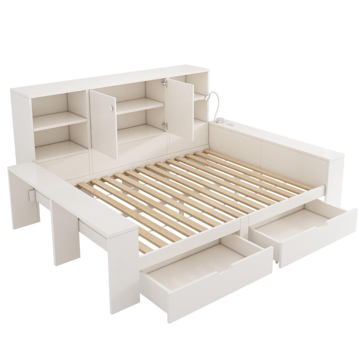 TAGESBETT aus Holzwerkstoff 140x200 cm Weiß mit Schubladen, Stauraum und USB-/USB-C-Anschlüssen - Weiß, Holzwerkstoff (140/200cm) - IVMEU