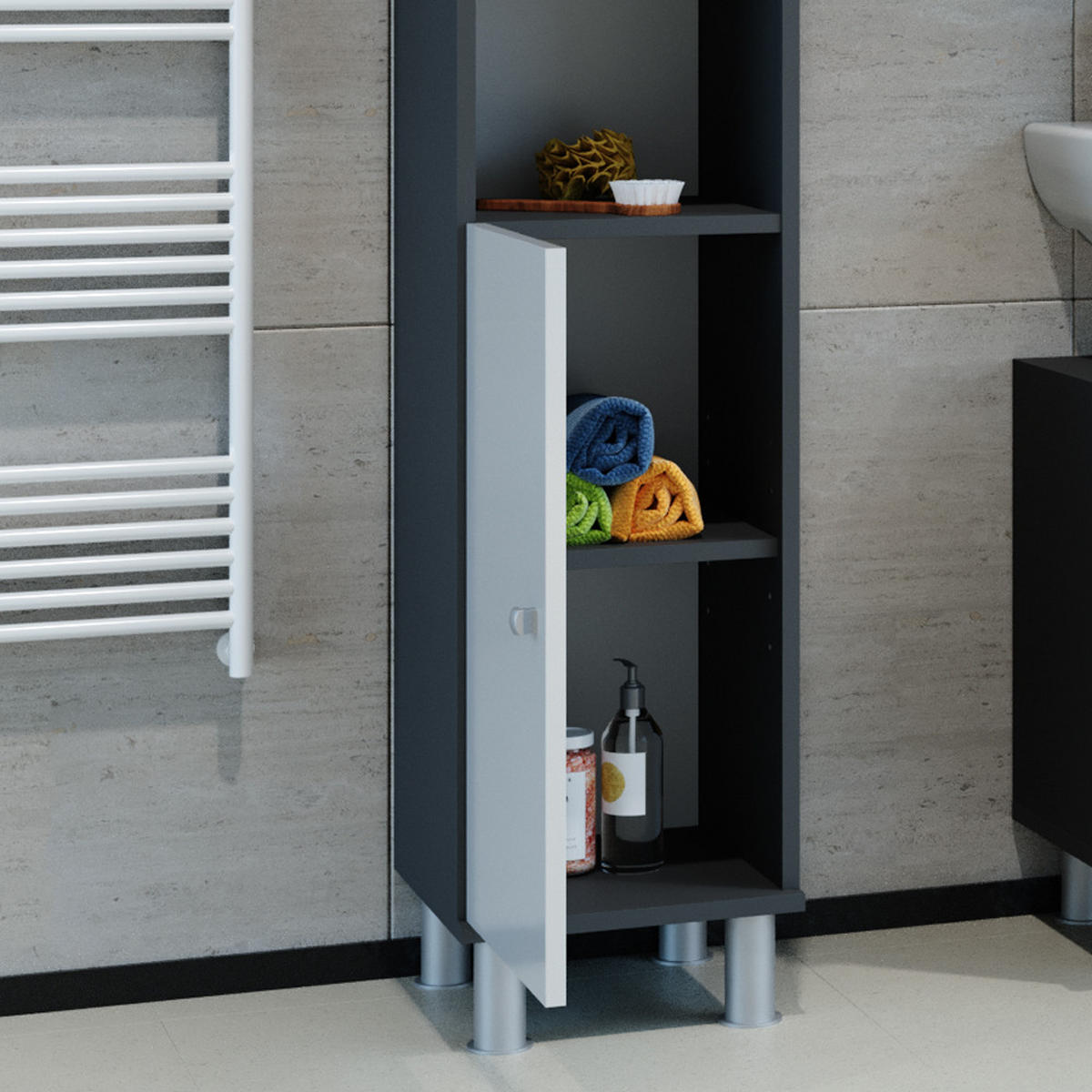 BADSCHRANK Fynn Anthrazit 30 x 190 cm - Anthrazit/Weiß, Holzwerkstoff (30/190/30cm) - Vicco
