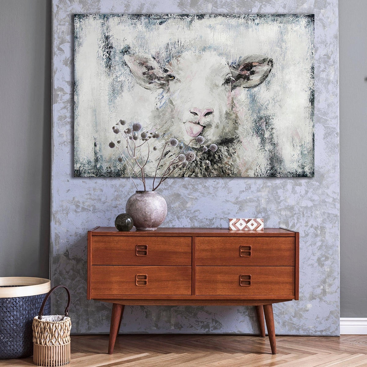 GEMÄLDE Glückliches Schaf auf Keilrahmen 120x80 cm - Grau, Holz (120/80cm) - YS-art gallery