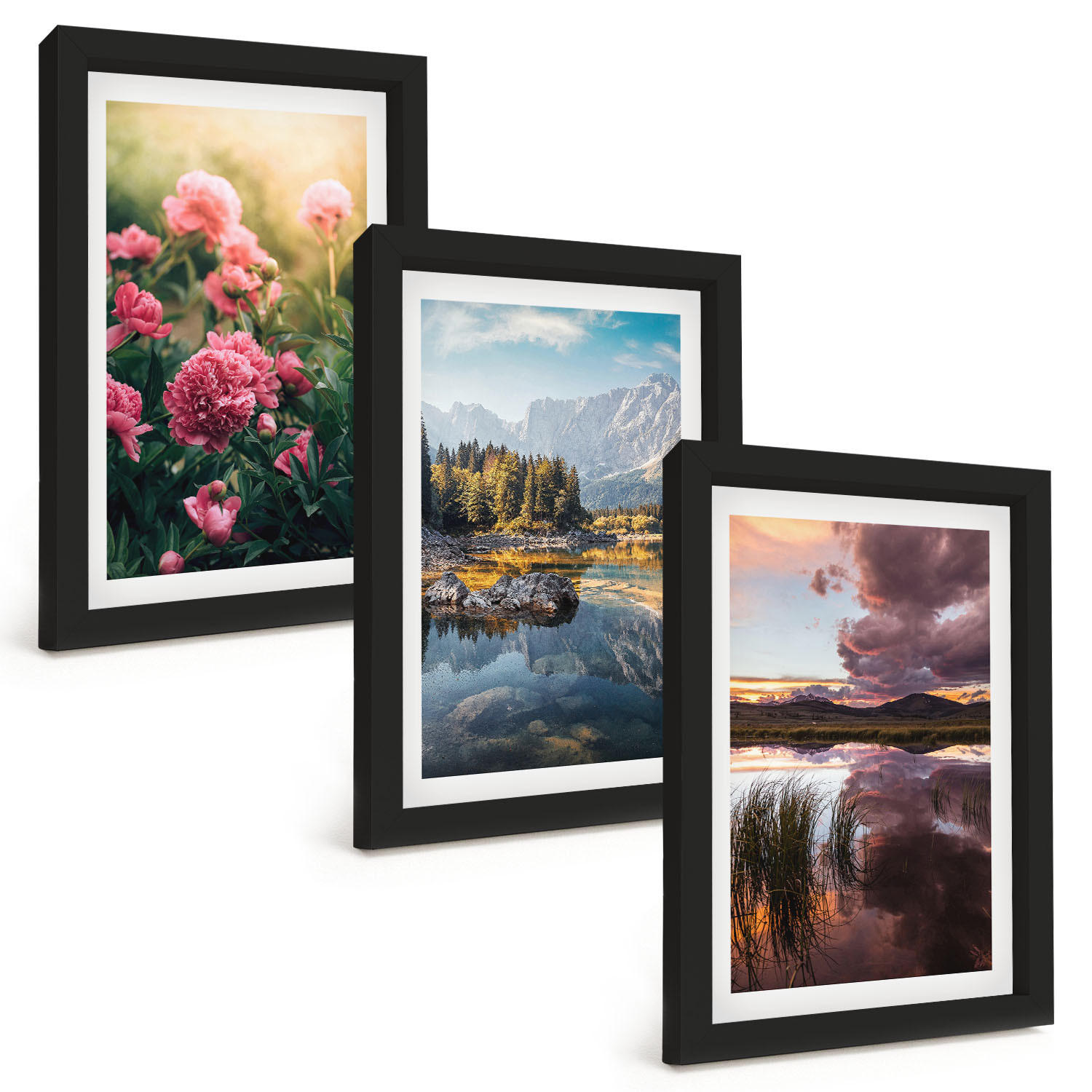 BILDER SET 3er Set - 20x30 cm Schwarzer Rahmen - Blumengarten Berge Wasser - Schwarz, Kunststoff (20/30cm) - TULUP