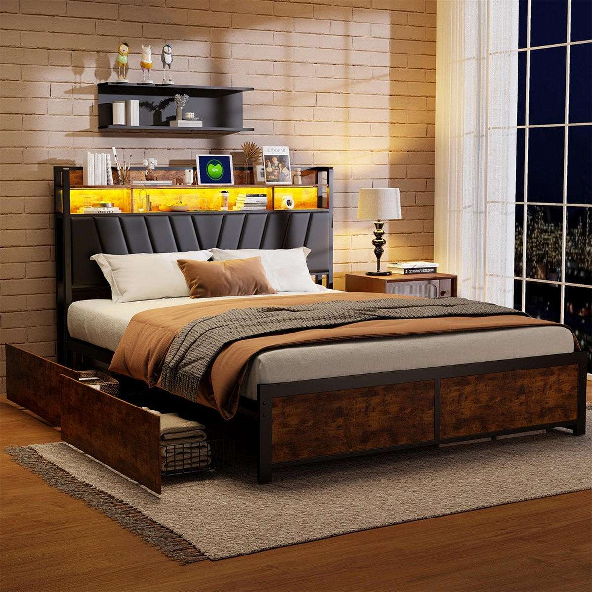 DOPPELBETT 160x200 cm - Metallbett mit 2-stufigem Regalkopfteil - 4 Schubladen und LED-Beleuchtung - ohne Matratze - Schwarz - Schwarz, Metall (160/200cm) - DELFA