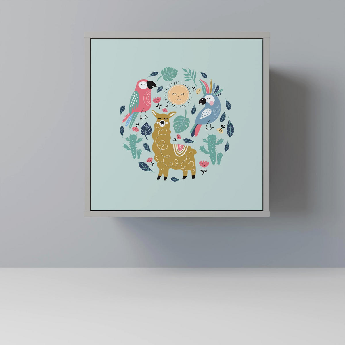 SIDEBOARD COLORFUL ALPACAS, Grau, 57,5x42x77,5 cm, Schräge Buchenholzfüße - Buchefarben/Multicolor, Holzwerkstoff/Buchenholz (57.5/77.5/42cm) - SpaceRebels