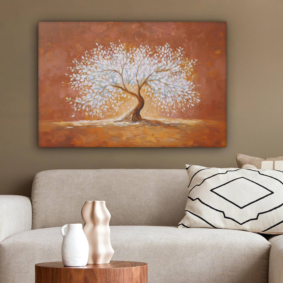 LEINWANDBILD Abstrakt - Baum - Weiß - Blätter Wanddeko 90x60 cm - Braun, Textil (90/60cm) - MuchoWow