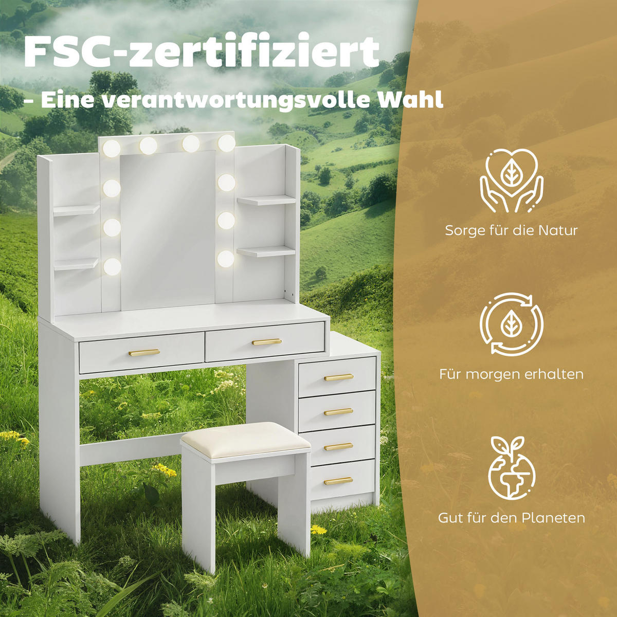 SCHMINKTISCH mit Hocker MDF Glas Weiß - Goldfarben/Weiß, Holzwerkstoff/Metall (40/140/120cm) - HOMCOM