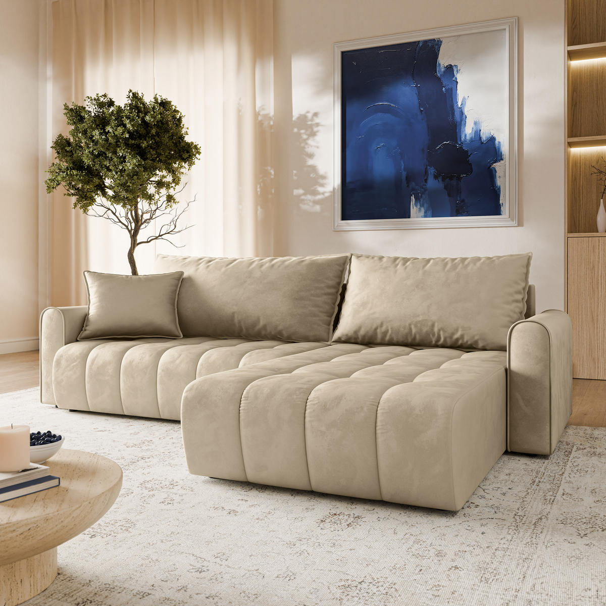 ECKSOFA FRIGA Creme Velours-Stoff mit Schlaffunktion - Creme, Holz (283/185cm) - MASSENO