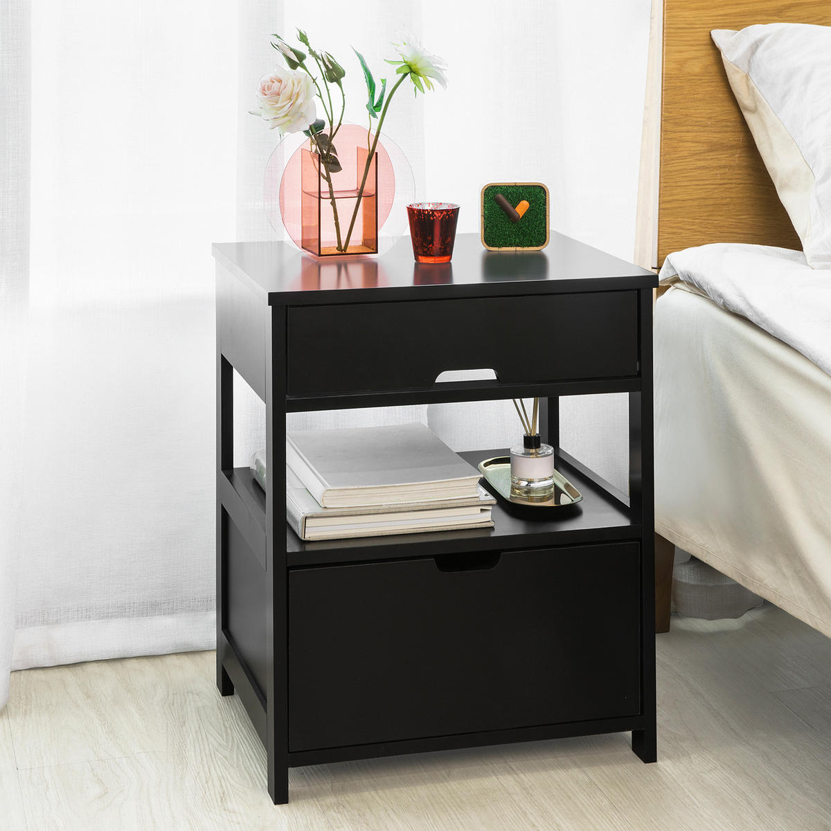 NACHTTISCH Schwarz - Schwarz, Holzwerkstoff (45/55/38cm) - SoBuy