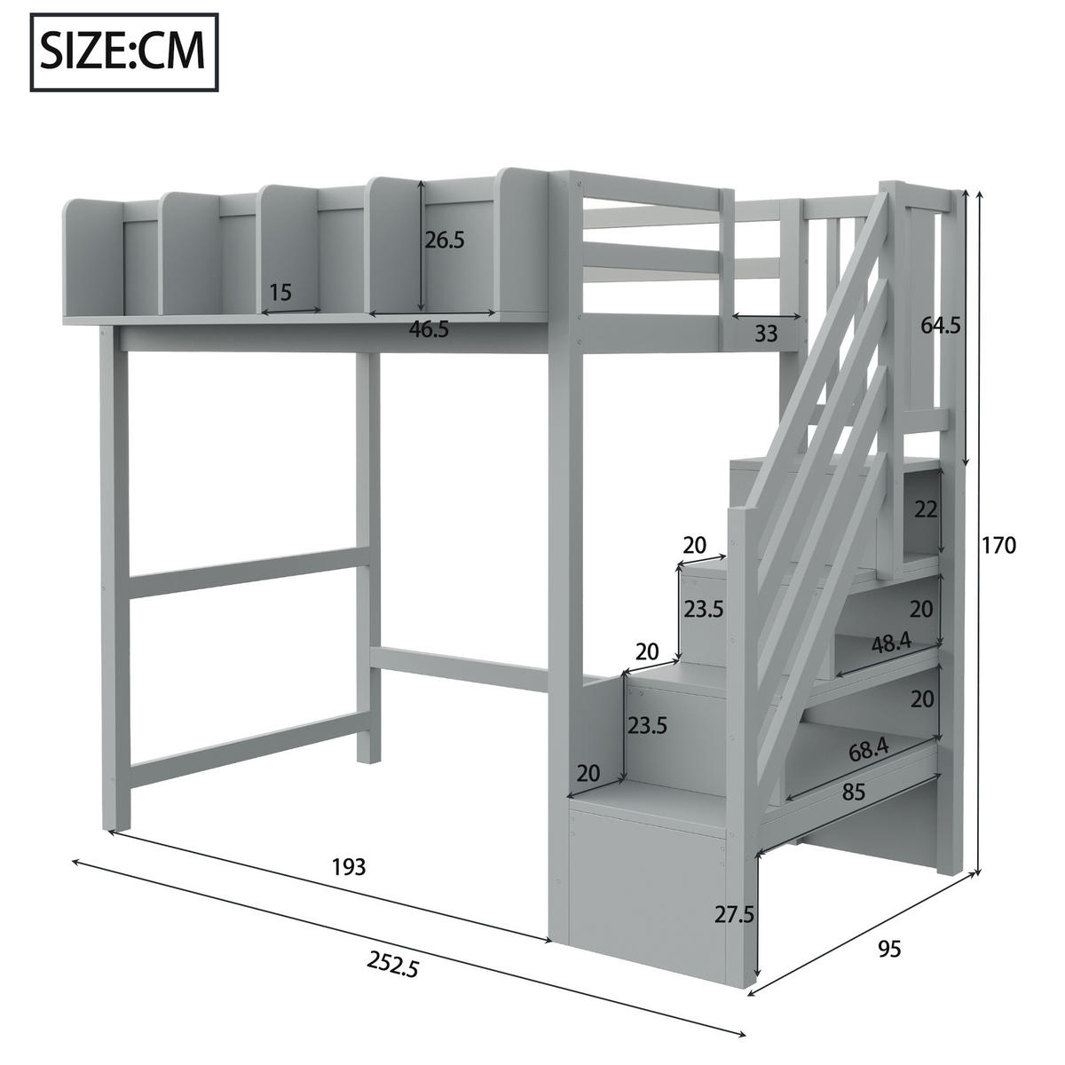 HOCHBETT 90/200 cm in Grau mit Sicherheitsgitter, Ablage, LED und Leiter aus Holz - Grau, Holzwerkstoff (90/200cm) - STILVORA