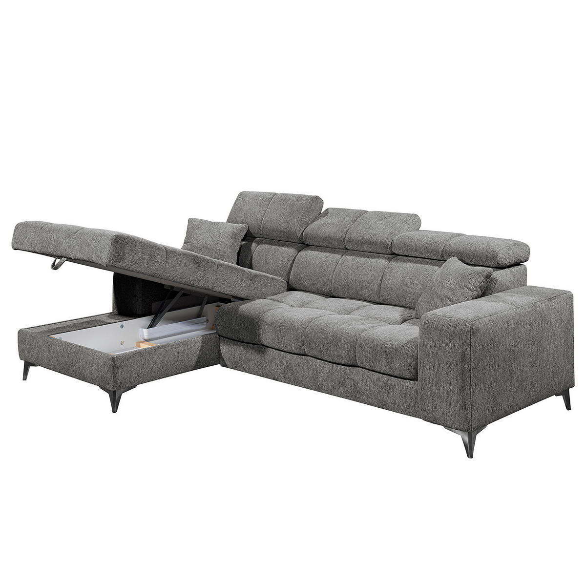 ECKSOFA mit Longchair - Kopfstütze verstellbar, Schlaffunktion, Bettkasten - Anthrazit/Schwarz, Kunststoff/Textil (268/172cm) - home24