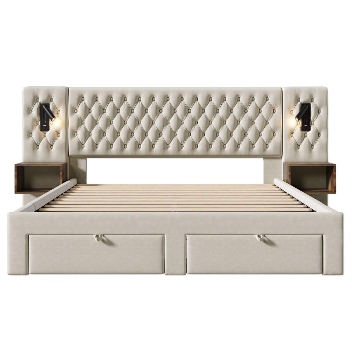 POLSTERBETT 180/200 cm Beige mit Nachttischen und USB-Ladeanschluss Ohne Matratze - Beige, Textil (180/200cm) - OKWISH