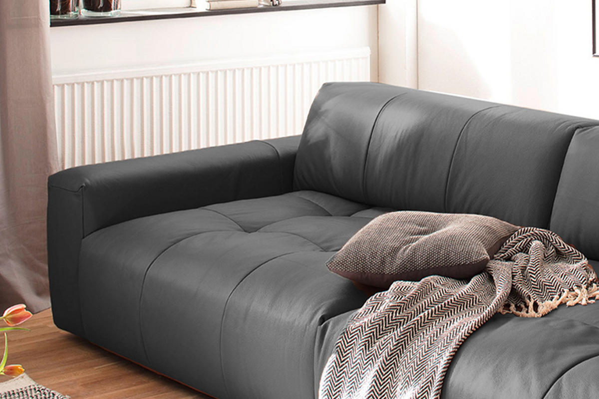 LEDERSOFA MIT SITZTIEFENVERSTELLUNG PALACE Schwarz Leder - Schwarz, Leder (298/74/120cm) - KAWOLA