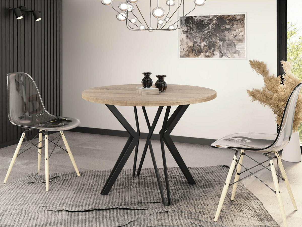ESSTISCH Revena runder ausziehbarer, Sonoma Eiche 120-200/120/76 cm - Schwarz/Sonoma Eiche, Holzwerkstoff/Metall (120/120/76cm) - WFL GROUP