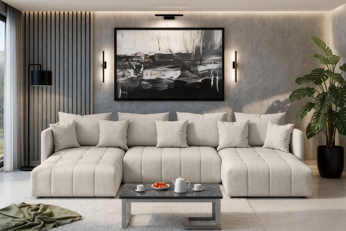 WOHNLANDSCHAFT Veliro U Beige 353/180/83 cm mit Schlaffunktion und Bettkasten - Beige/Schwarz, Kunststoff/Textil (353/83/180cm) - AX Living