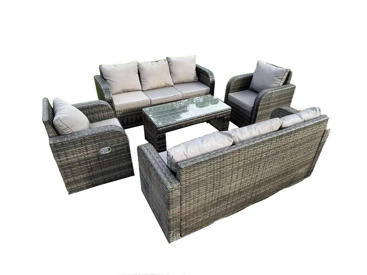 GARTENSOFA-SET MIT COUCHTISCH LOUNGE Polyrattan Patio 8-Sitzer - Dunkelgrau/Grau, Glas/Kunststoff - Fimous