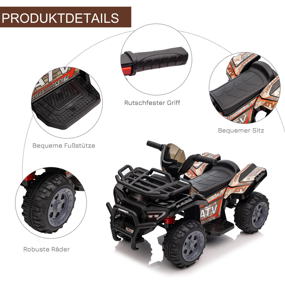 MINI ELEKTRO-QUAD KINDER, Schwarz/Grün/Rosa/Rot, Metall+ PP-Kunststoff - Schwarz, Metall (70/42/45cm) - HOMCOM