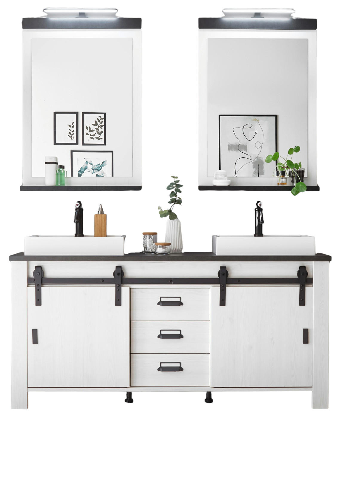 BADMÖBEL-SET weiß Pinie, anthrazit Landhaus, Doppelwaschtisch mit Waschbecken und LED - Anthrazit/Weiß, Holzwerkstoff/Metall (163/210/43cm) - Furn.Design