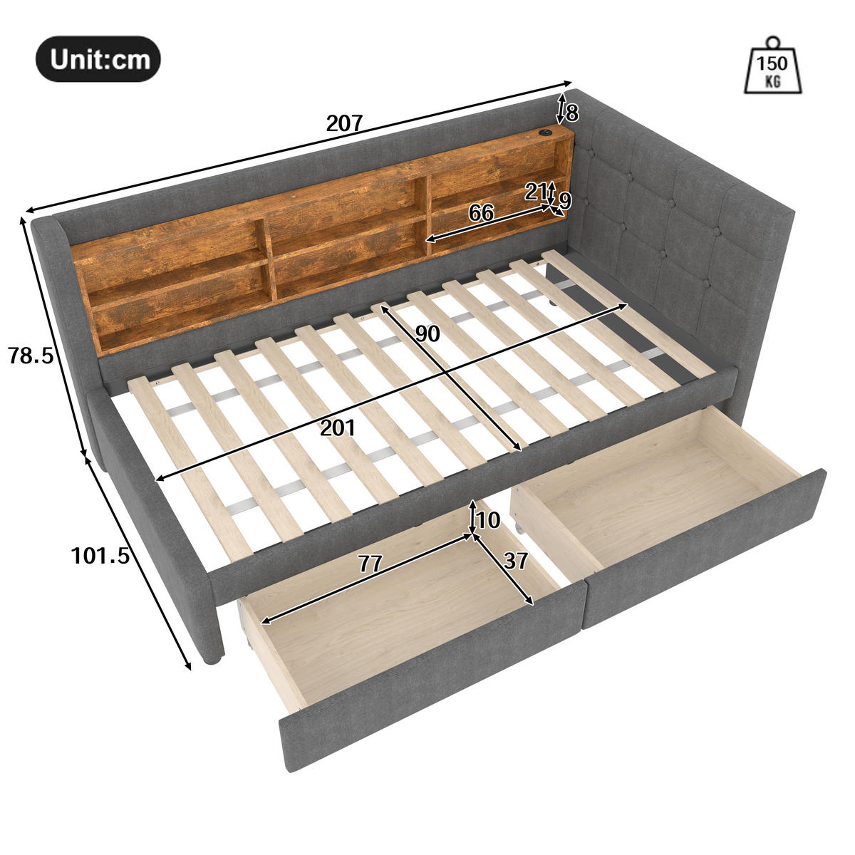 TAGEBETT 90x200cm Grau Leinen 2 Schubladen USB-C Ablagefächer - Grau, Holz (90/200cm) - FLIEKS
