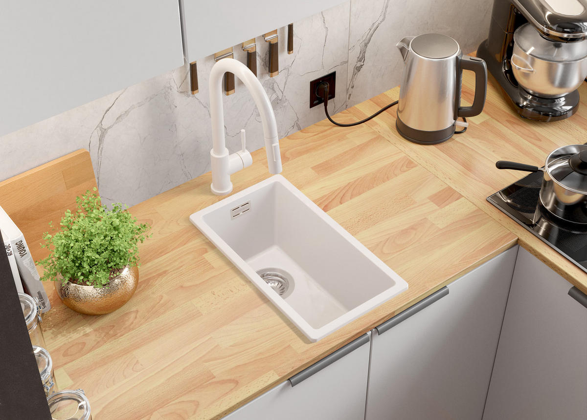 SPÜLBECKEN London Slim, 2-er set Alles Weiß 26/47 cm 1 Becken + Ablauf-Set ab 30er Unterschrank - Weiß, Kunststoff (26/20/47cm) - Primagran