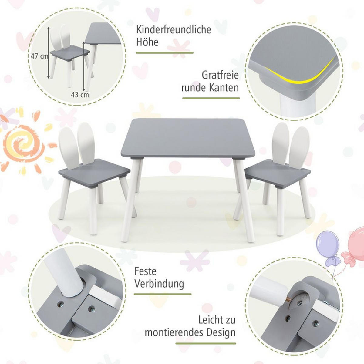 KINDERTISCH mit 2 Stühlen grau(3-tlg) - Grau, Holzwerkstoff (62/43/62cm) - COSTWAY
