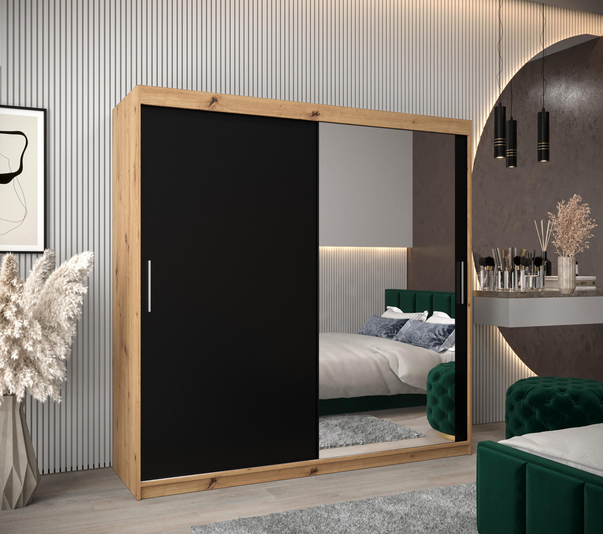 SCHWEBETÜRENSCHRANK 200/200/62 2-türig - Silberfarben/Schwarz, Holz/Kunststoff (200/200/62cm) - Abiks Möbel