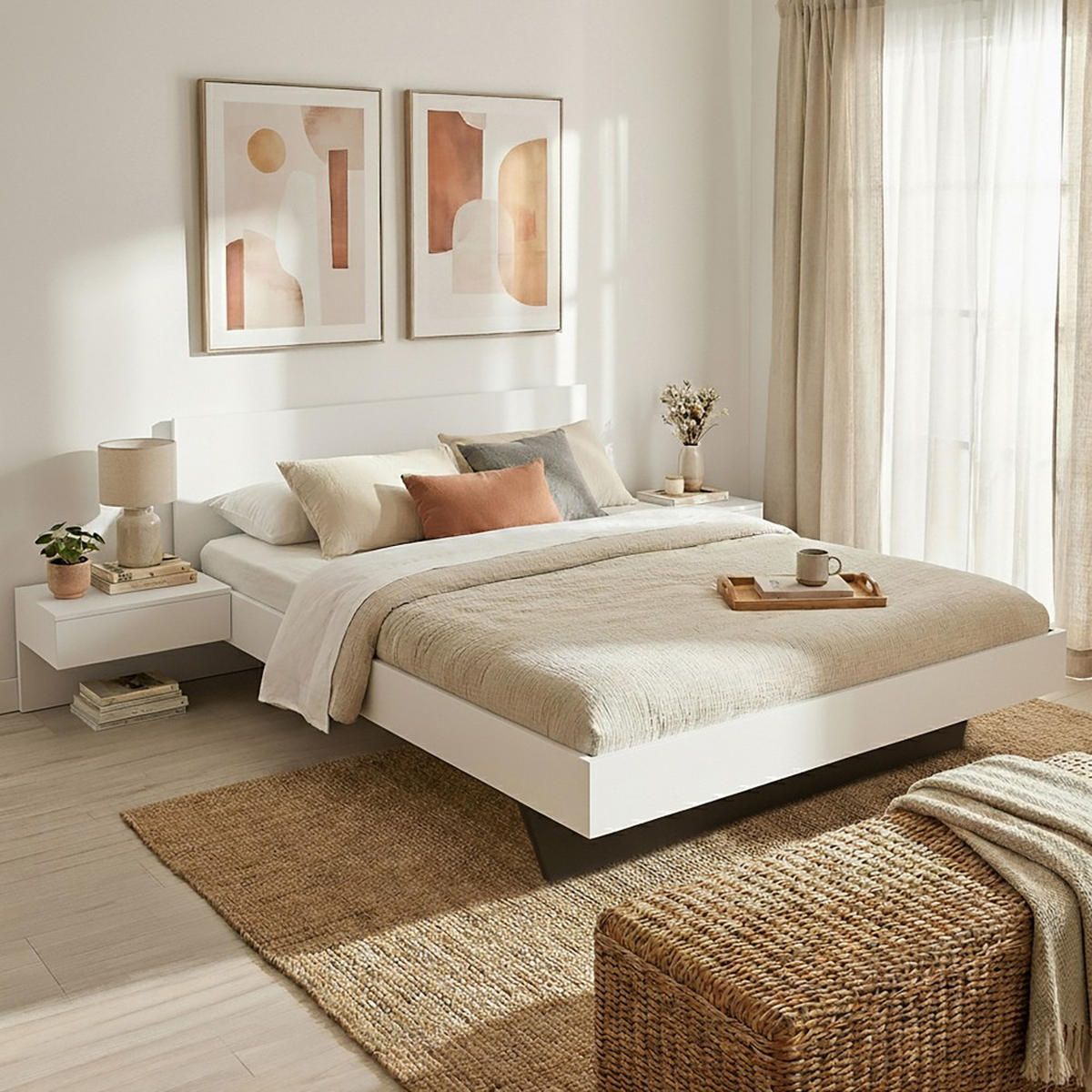 BETT COOL 140x190 cm + 2 Konsolen + Lattenrost + Matratze CASSIE / Weiß - Weiß, Holzwerkstoff - Weber Industries