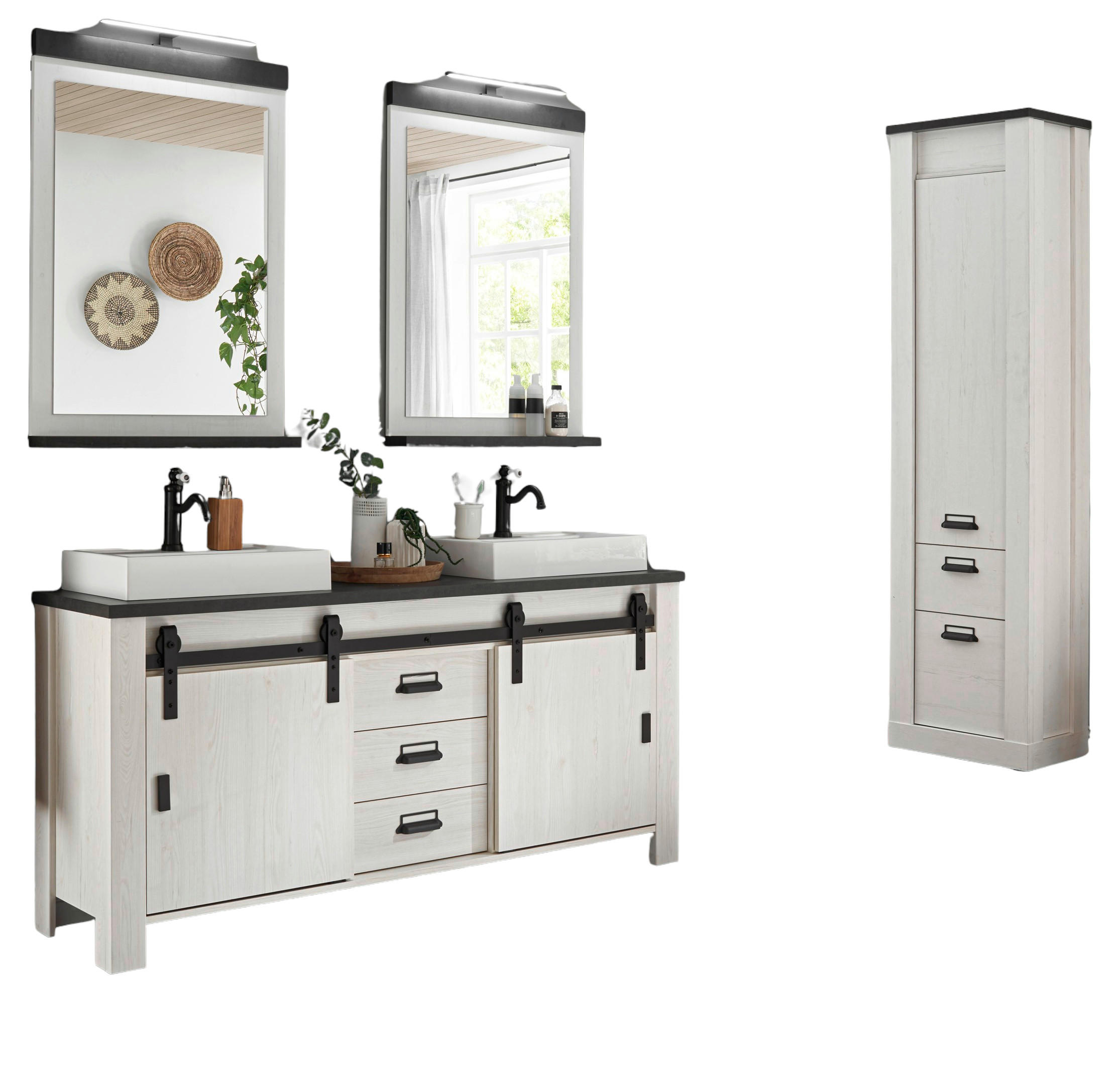 BADMÖBEL-SET weiß Pinie, anthrazit Landhaus, Doppelwaschtisch mit Waschbecken und LED - Anthrazit/Weiß, Holzwerkstoff/Metall (235/210/43cm) - Furn.Design