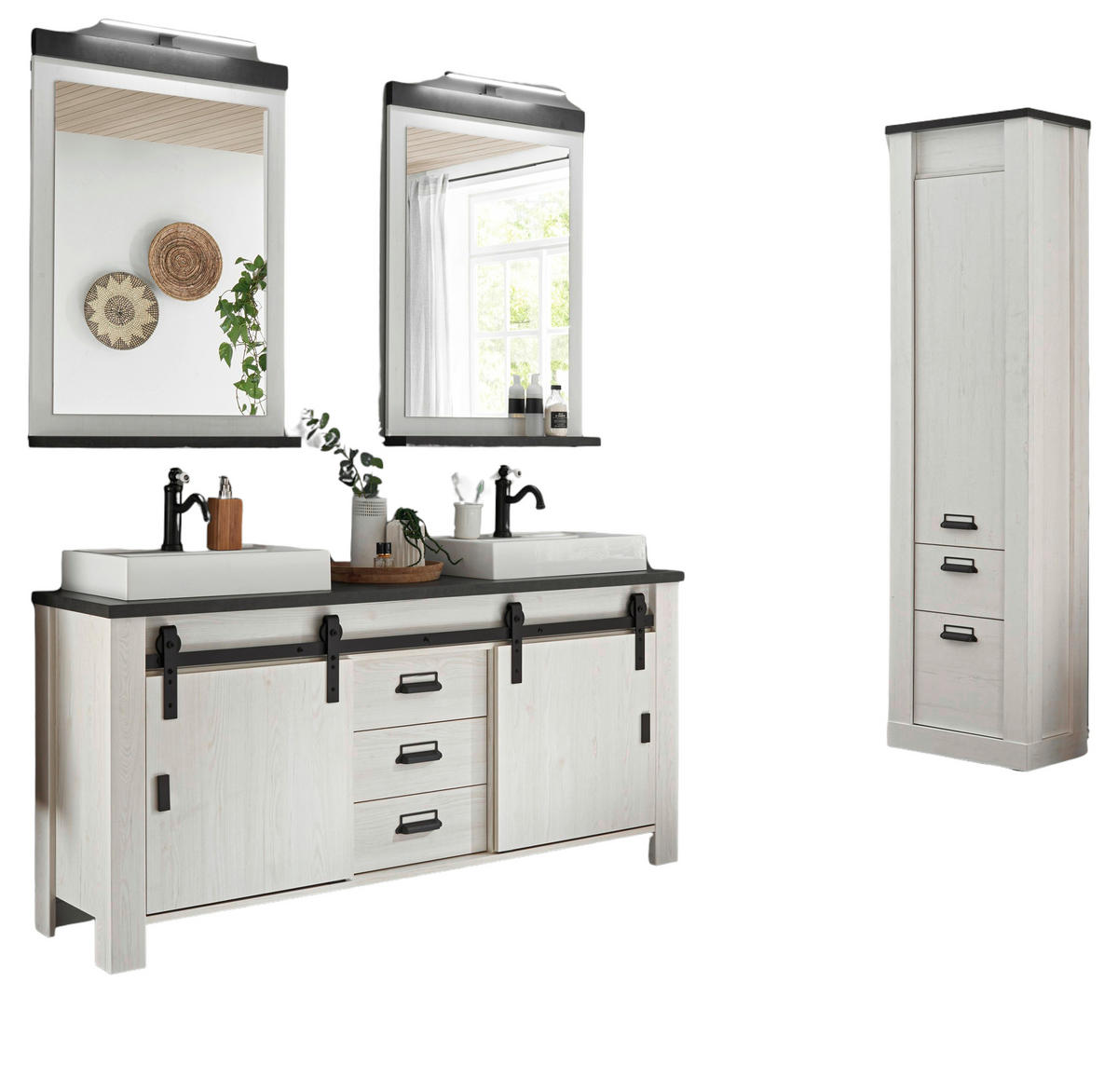 BADMÖBEL-SET weiß Pinie, anthrazit Landhaus, Doppelwaschtisch mit Waschbecken und LED - Anthrazit/Weiß, Holzwerkstoff/Metall (235/210/43cm) - Furn.Design