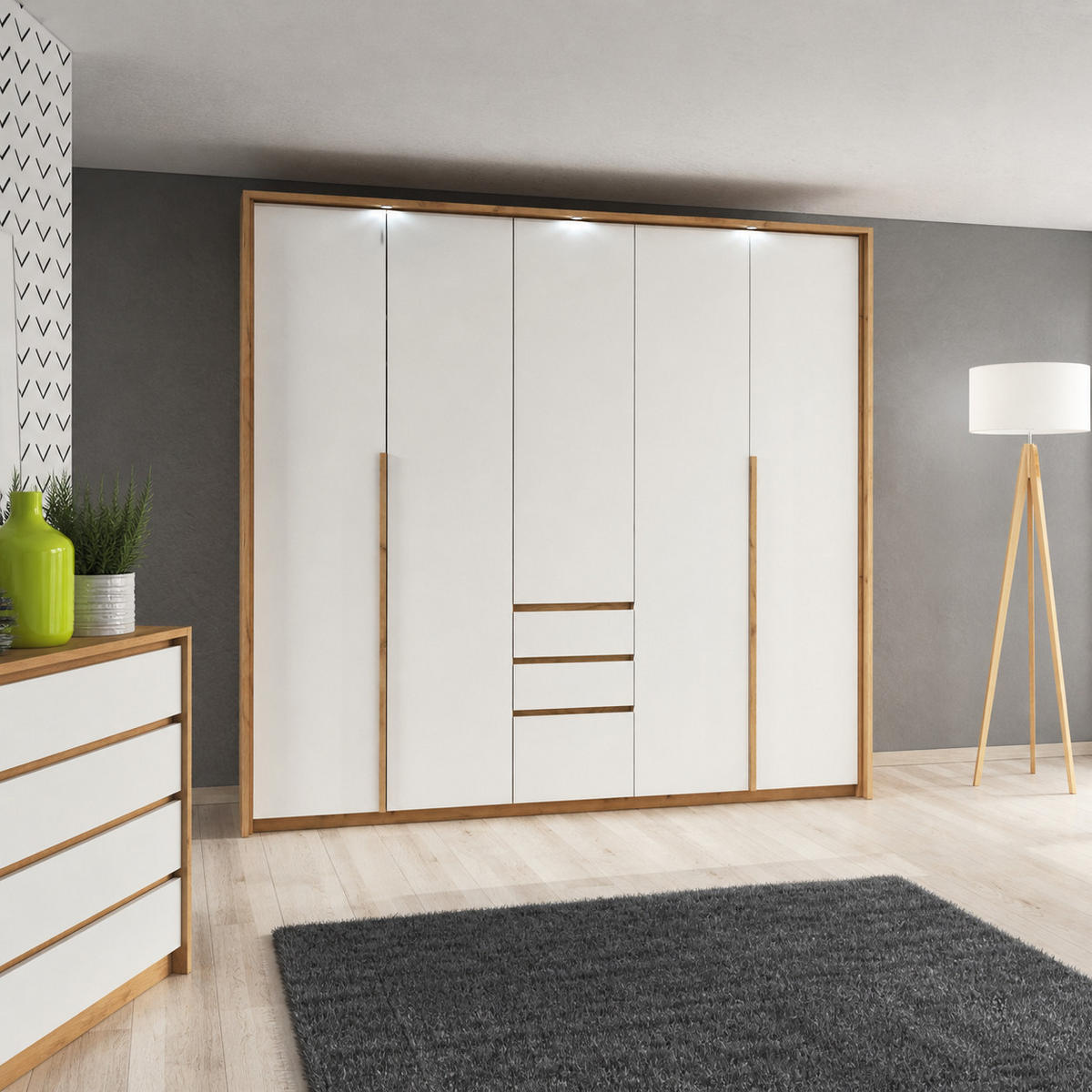 KLEIDERSCHRANK CORSA 230 cm Eiche Craft Gold / Weiß - mit Falttüren, Passepartout und LED - Eichefarben/Weiß, Holz/Holzwerkstoff (230/215/65cm) - Ravio