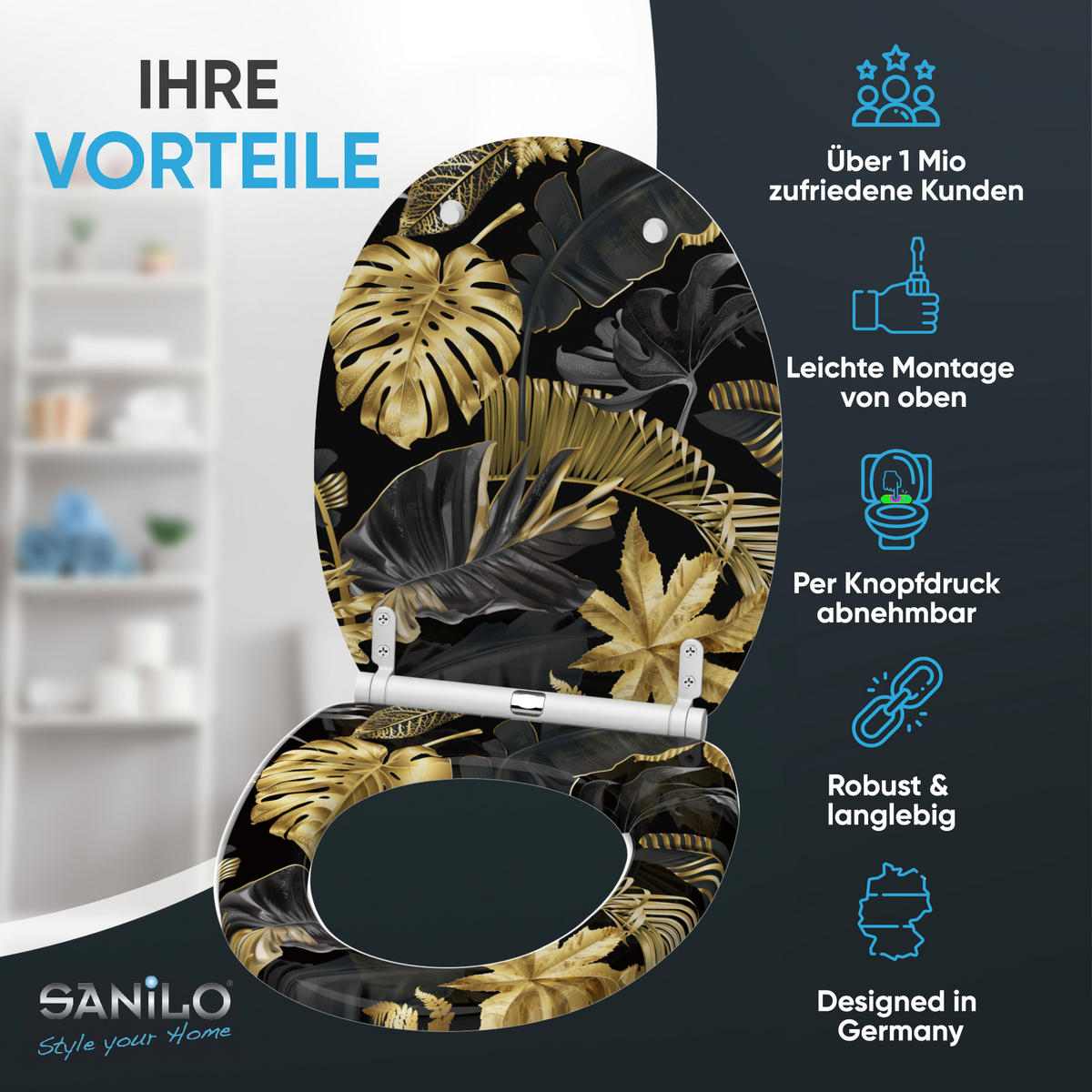 WC-SITZ mit Absenkautomatik & Top Fix Golden Leaves - Goldfarben, Holzwerkstoff (37.7/5.5/48cm) - Sanilo