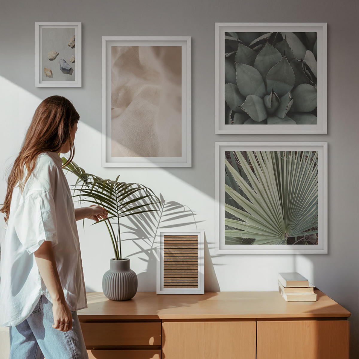 WANDBILDER 5er-Set - 50x50 cm & 20x30 cm & 40x60 cm Weißer Rahmen - Steine, Holz, Stofftexturen - Weiß, Kunststoff (40/60cm) - ArtPrintCave