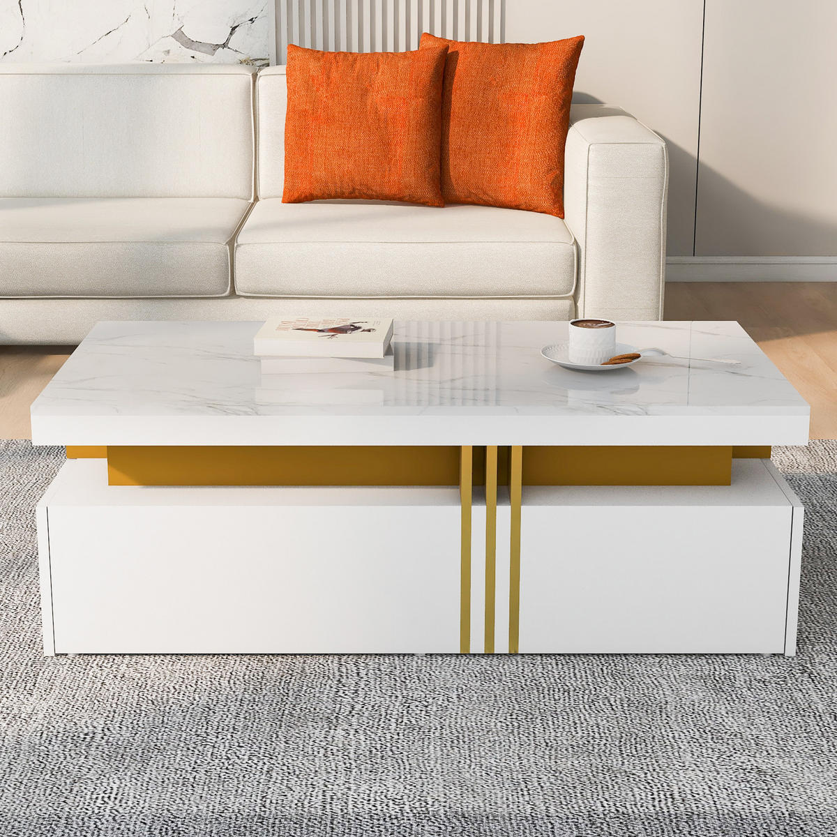 COUCHTISCH 100/50/40 cm in Weiß mit 2 Schubladen und Hochglanz-Tischplatte - Weiß, Holzwerkstoff (100/50/40cm) - Flora Grace