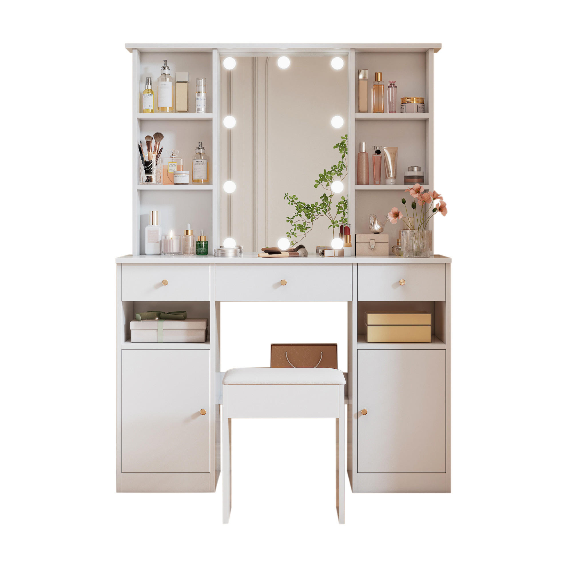 SCHMINKTISCH 110/40/151 cm mit LED-Beleuchtung, Spiegel, 3 Schubladen und 2 Türen, Weiß - Weiß, Holzwerkstoff (110/151/40cm) - Redom