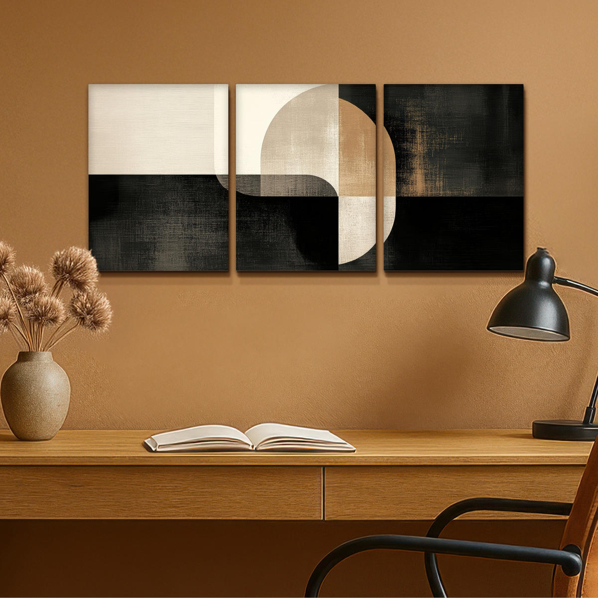 LEINWANDBILD 3er Set Formen - Abstrakt - Gold 90x40 cm - Schwarz, Textil (90/40cm) - MuchoWow